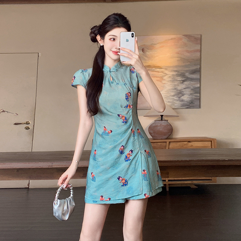 Chinese style cheongsam summer shorts 2pcs set