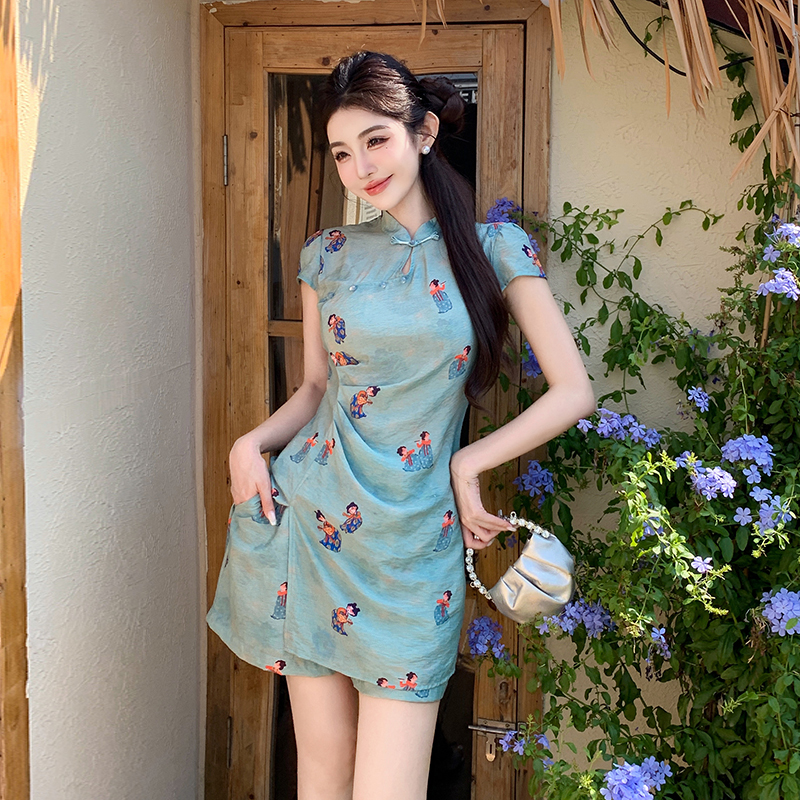 Chinese style cheongsam summer shorts 2pcs set