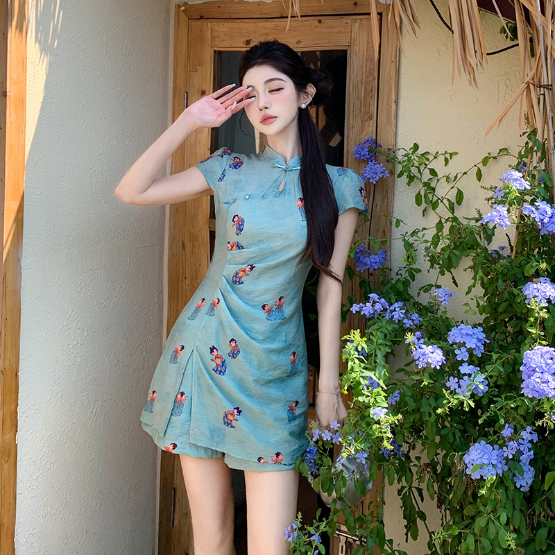 Chinese style cheongsam summer shorts 2pcs set
