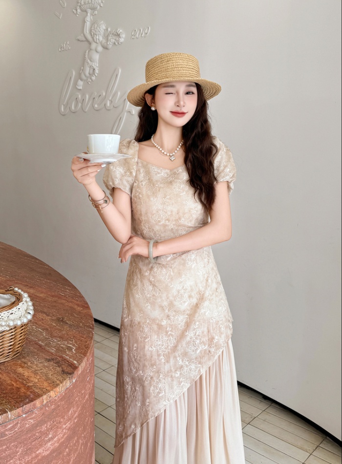 Embroidery summer sweet splice irregular frenum dress