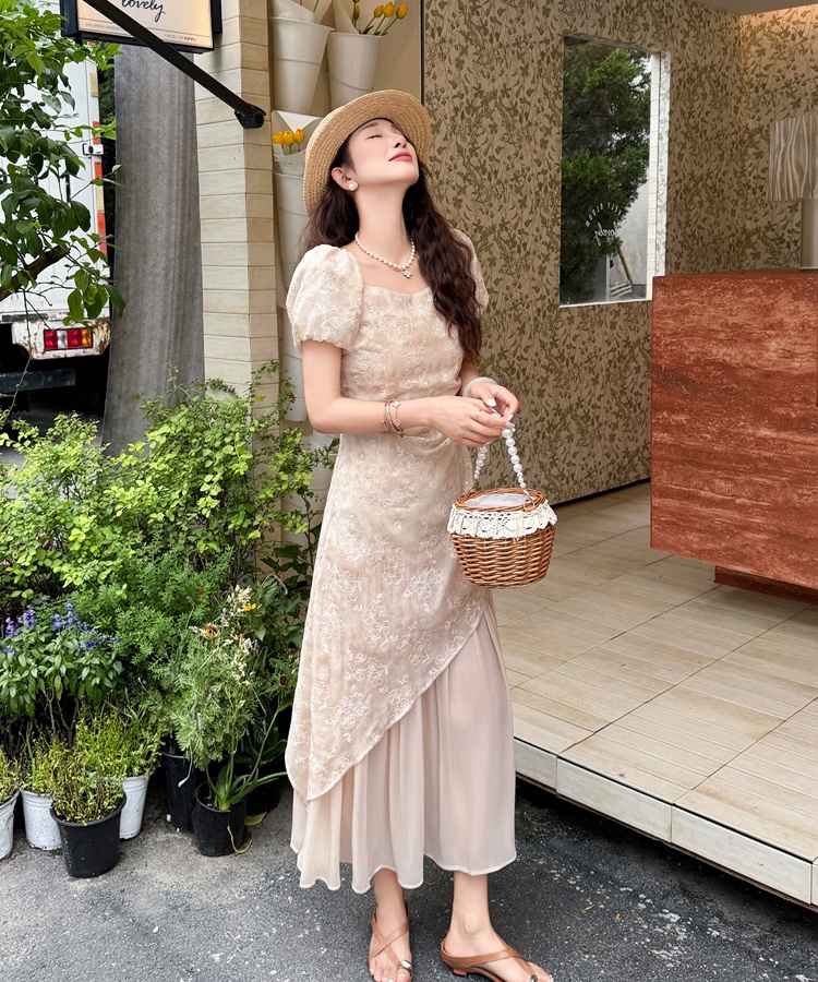 Embroidery summer sweet splice irregular frenum dress
