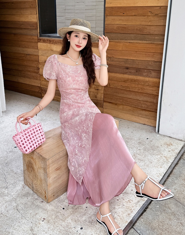 Embroidery summer sweet splice irregular frenum dress
