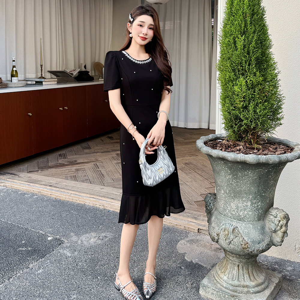 Slim black elegant rhinestone splice mermaid dress