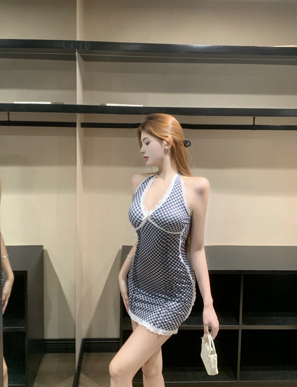 Lace splice halter fashion plaid dress for women