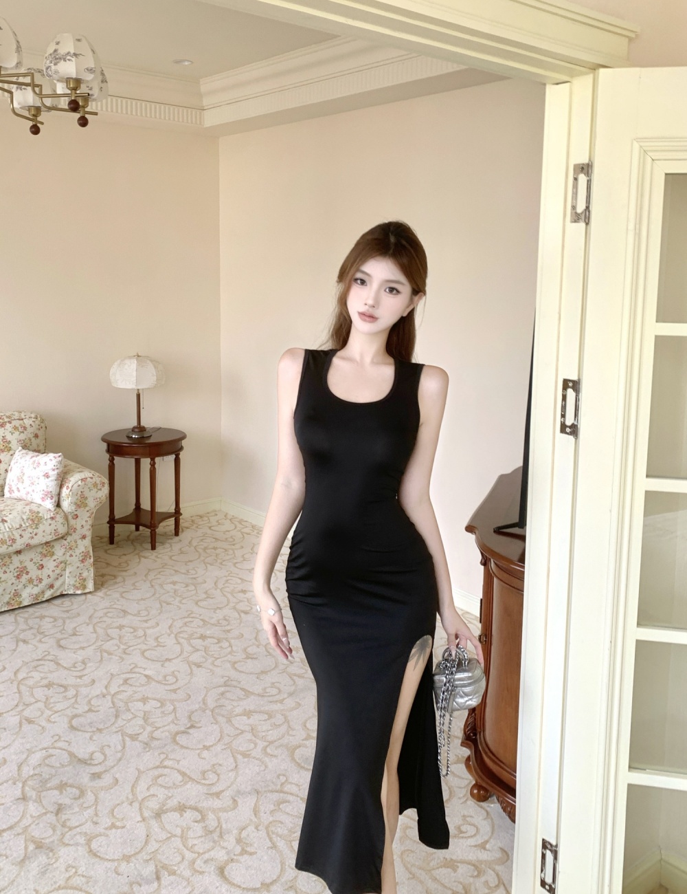 Big fashion black dress U-neck split formal dress for women