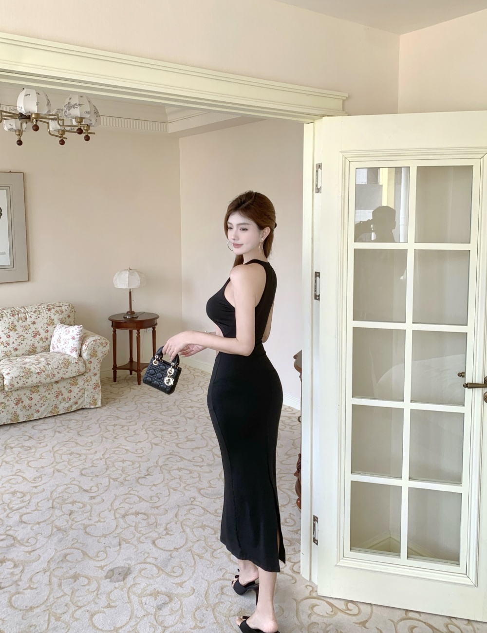 Big fashion black dress U-neck split formal dress for women