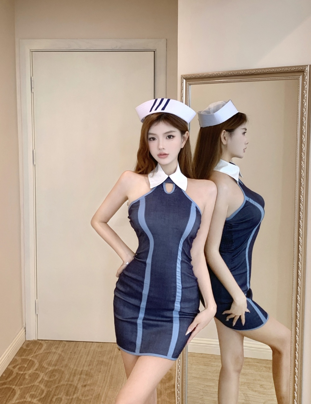 Sleeveless imitation denim package hip elasticity dress