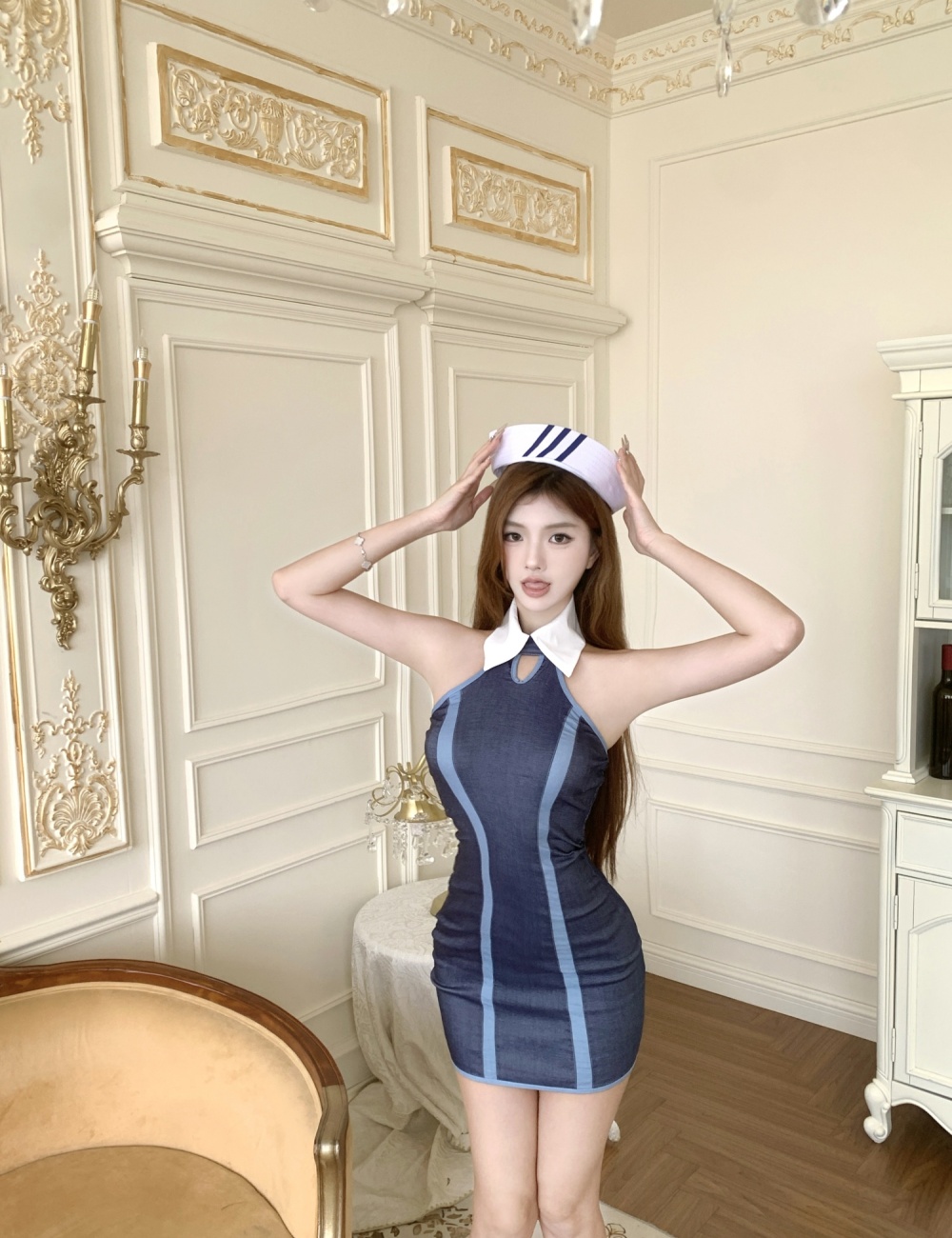 Sleeveless imitation denim package hip elasticity dress