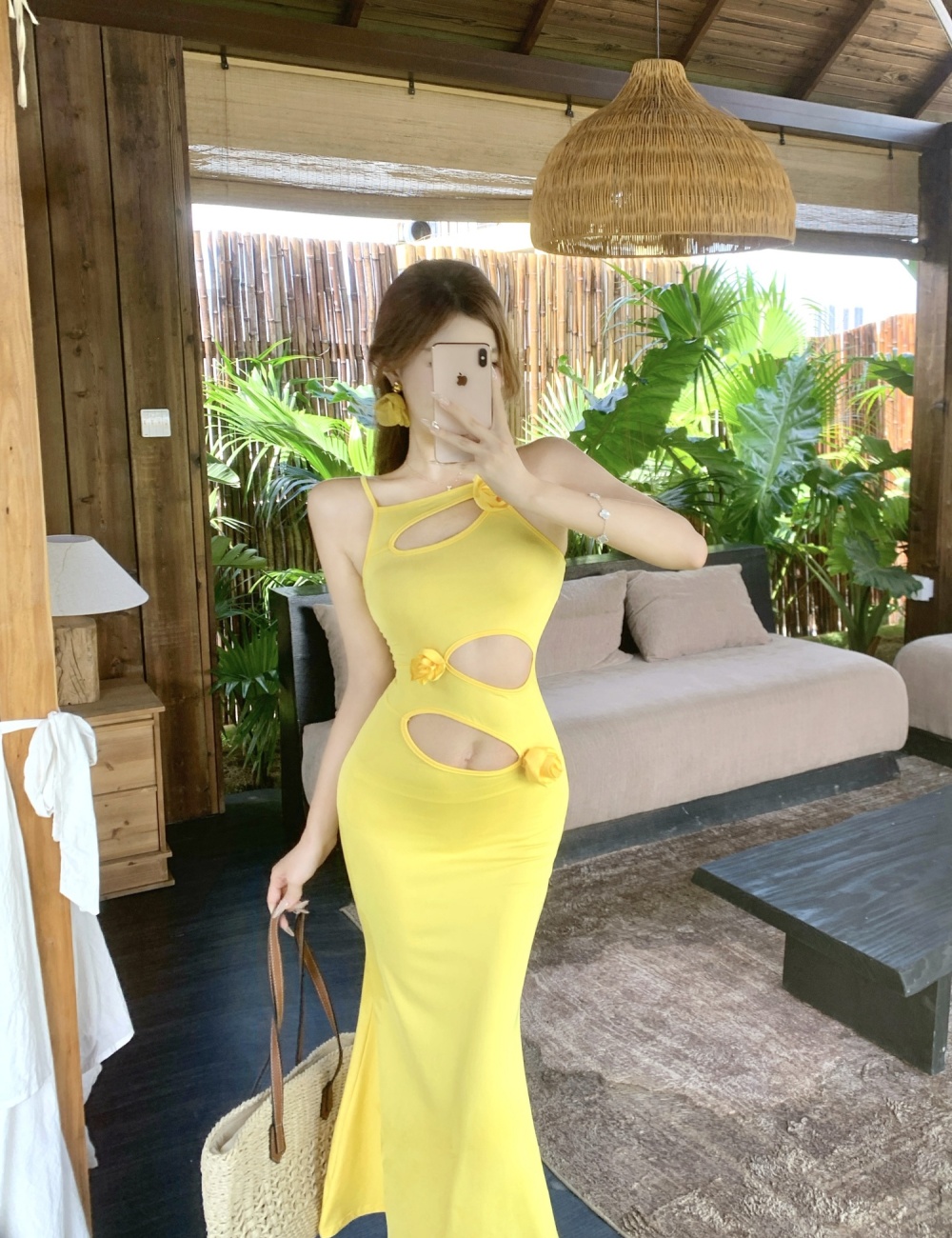Vacation yellow long dress sexy seaside dress for women