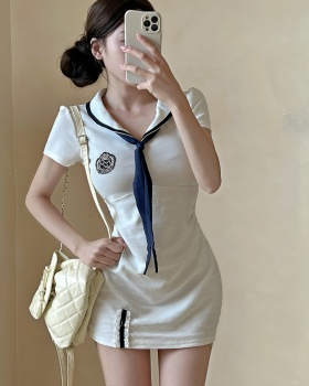 Bow sweet enticement T-back A-line navy collar dress
