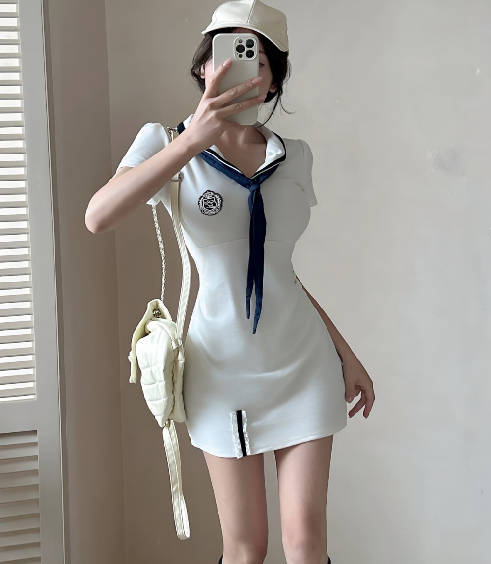 Bow sweet enticement T-back A-line navy collar dress