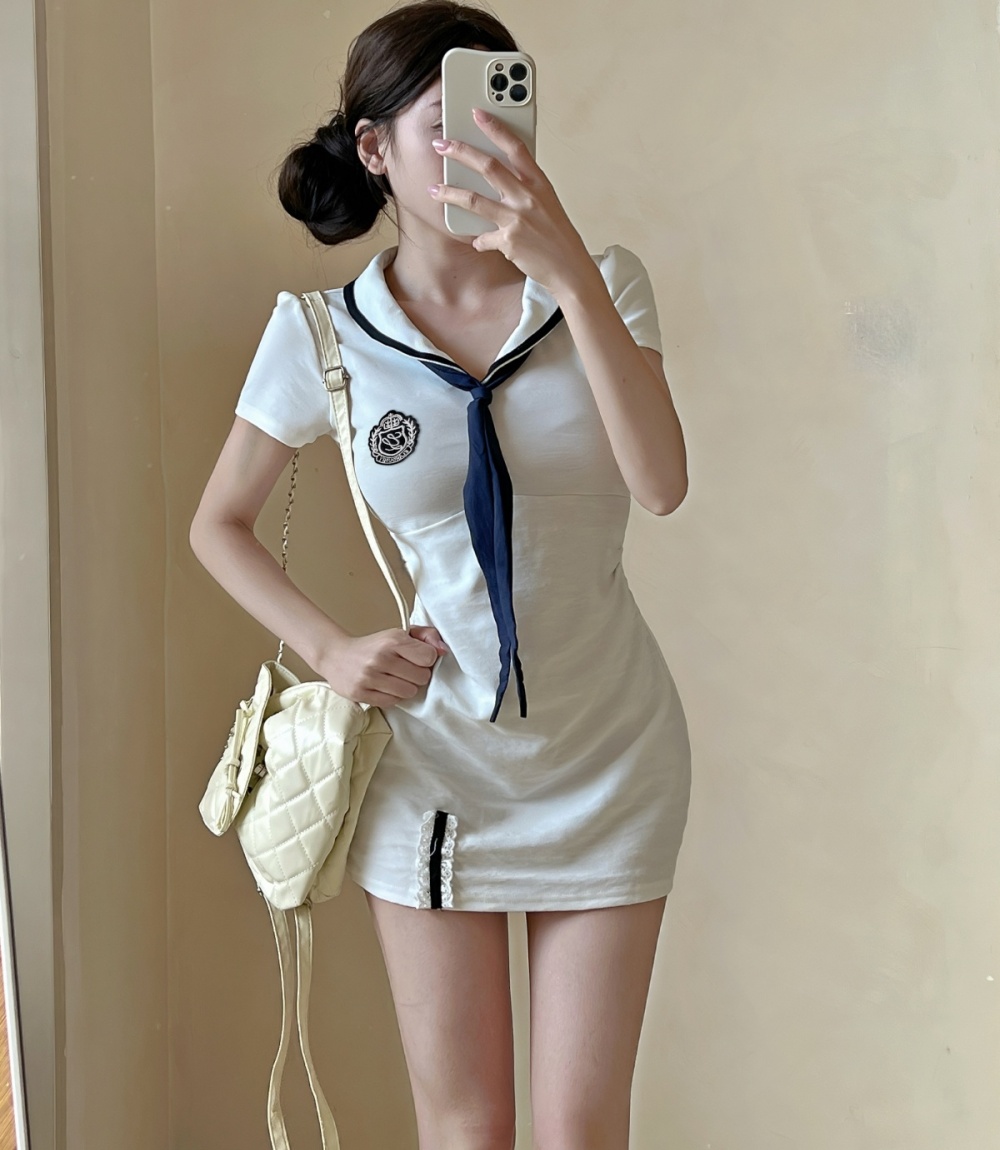 Bow sweet enticement T-back A-line navy collar dress