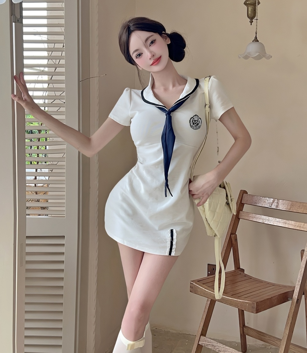 Bow sweet enticement T-back A-line navy collar dress