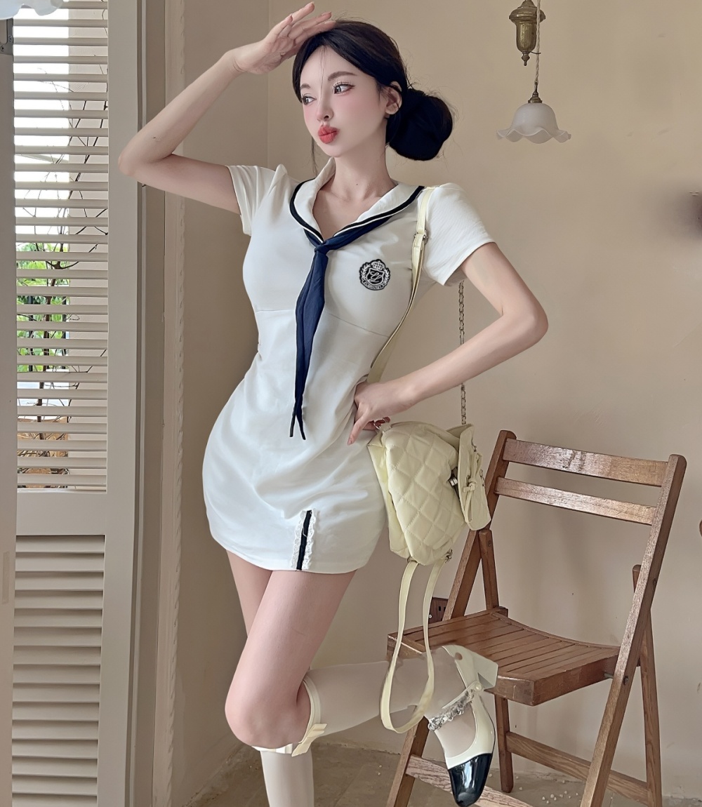 Bow sweet enticement T-back A-line navy collar dress