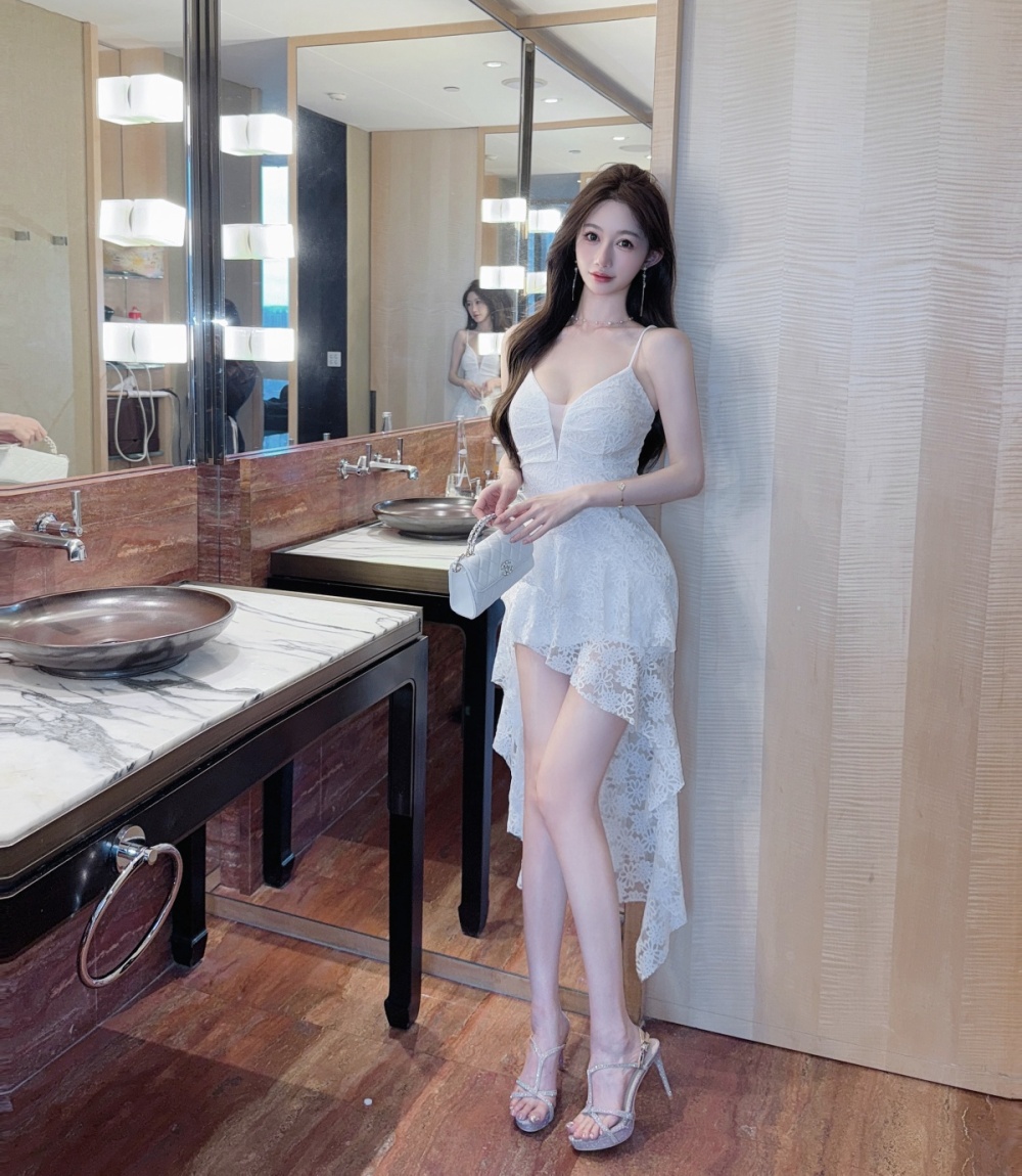 Romantic enticement irregular hem slim split strap dress