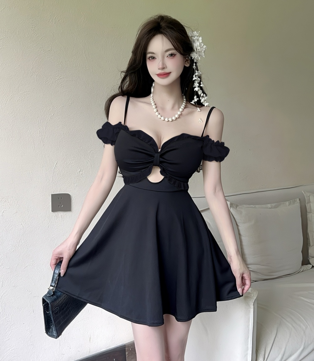 Sling hollow A-line T-back V-neck big skirt bow dress