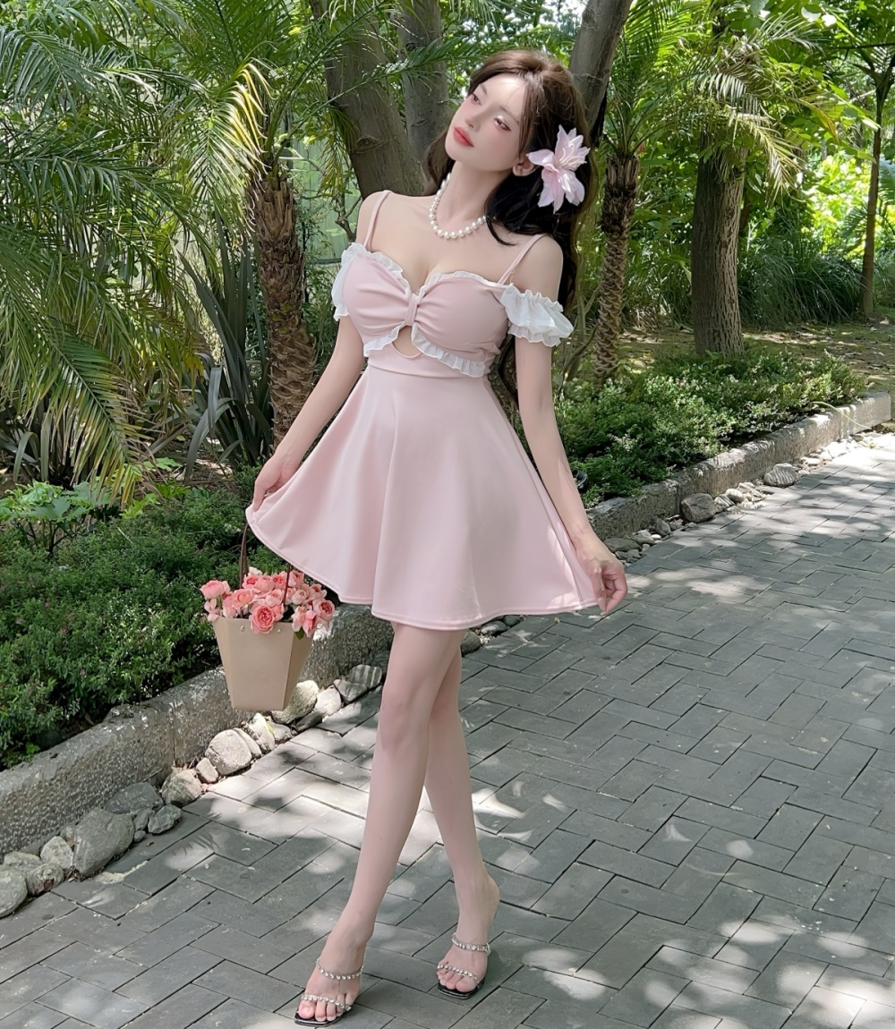 Sling hollow A-line T-back V-neck big skirt bow dress