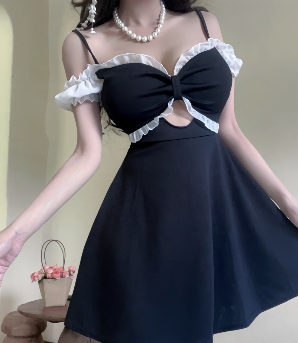 Sling hollow A-line T-back V-neck big skirt bow dress