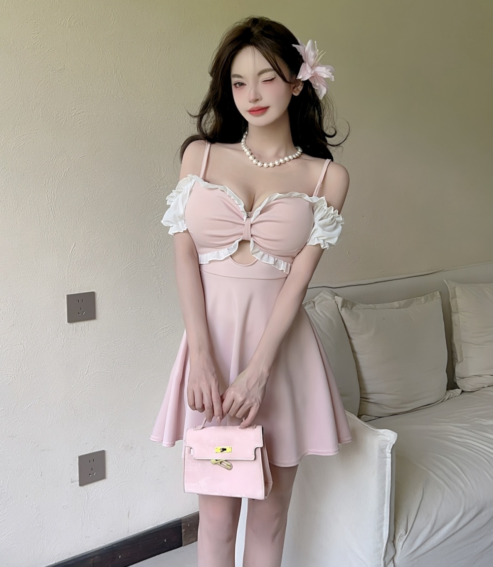 Sling hollow A-line T-back V-neck big skirt bow dress