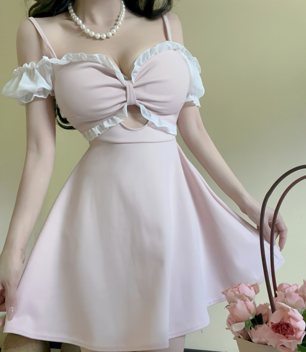 Sling hollow A-line T-back V-neck big skirt bow dress
