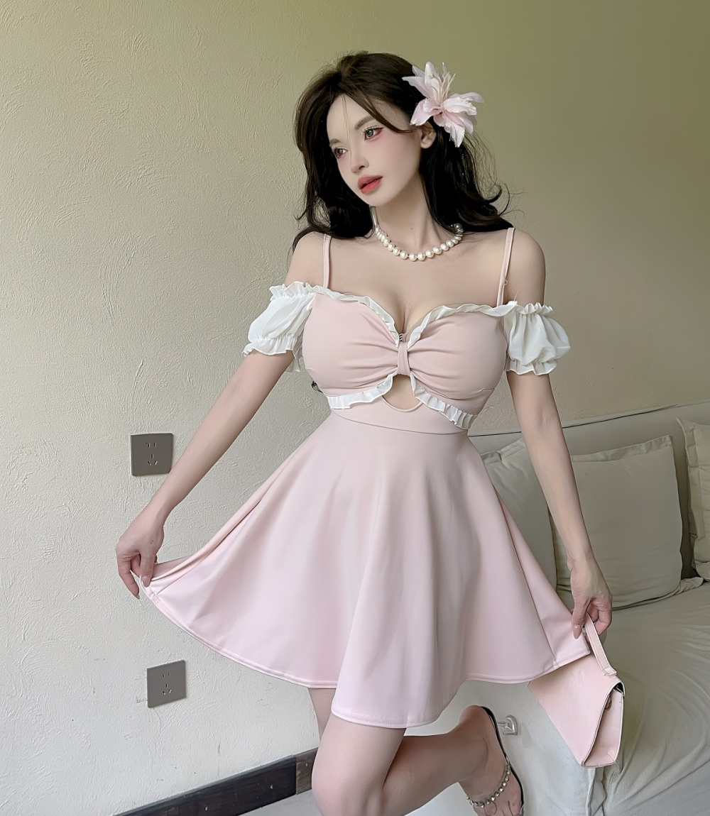 Sling hollow A-line T-back V-neck big skirt bow dress
