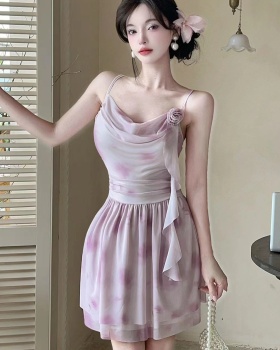 Printing lace sling splice dress
