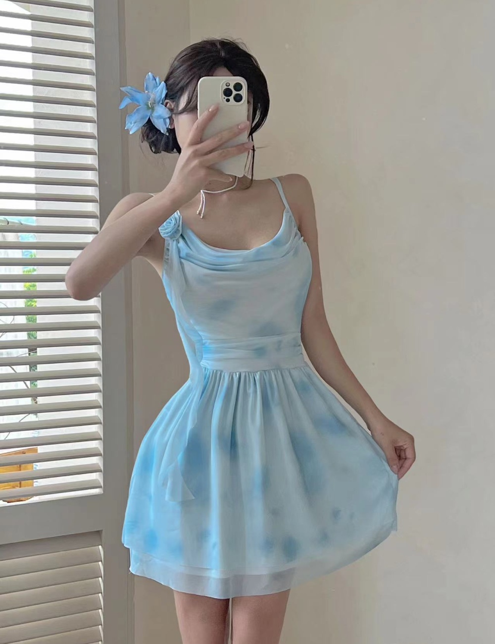 Printing lace sling splice dress