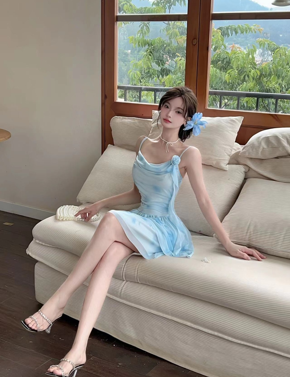 Printing lace sling splice dress