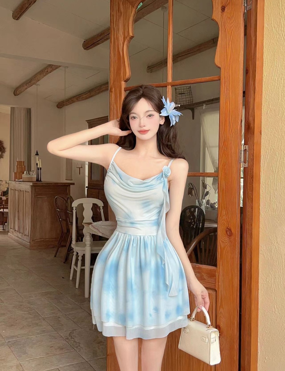 Printing lace sling splice dress