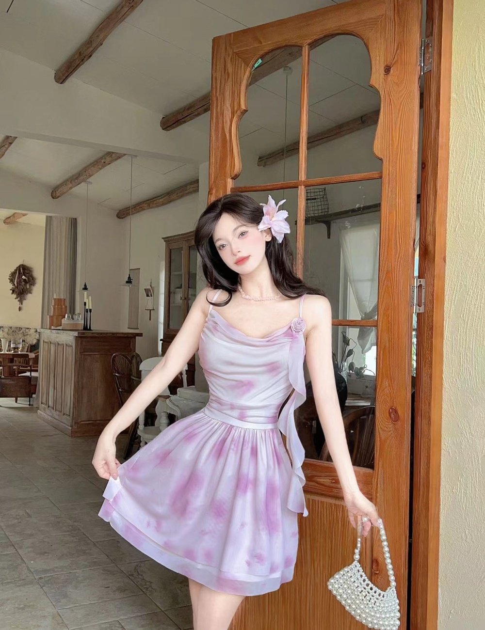 Printing lace sling splice dress