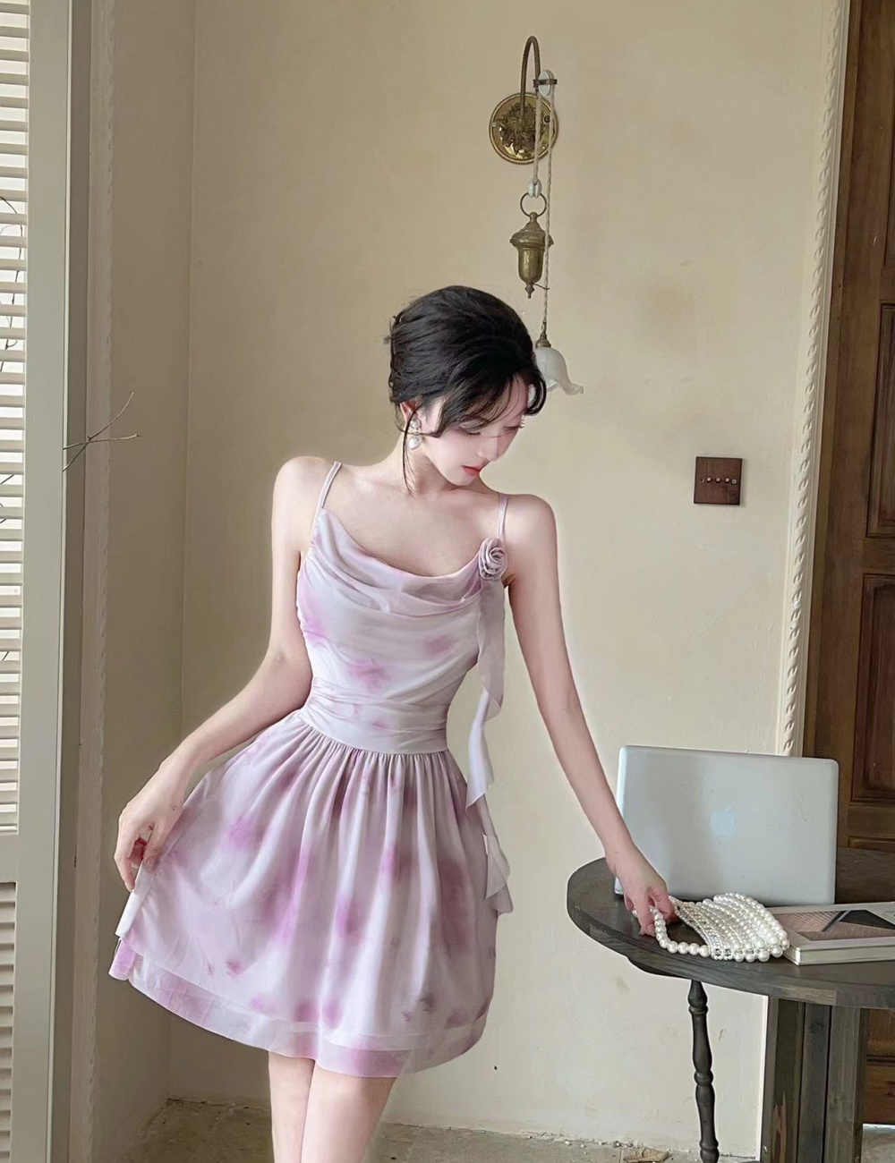 Printing lace sling splice dress