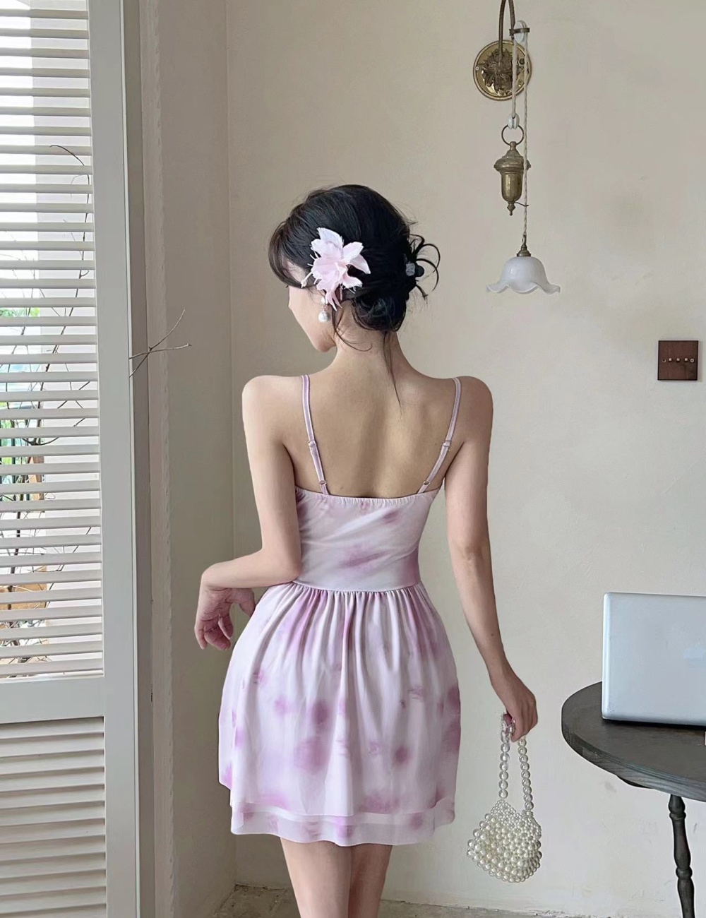 Printing lace sling splice dress