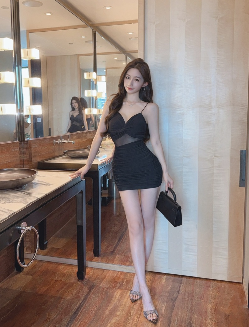 Sling gauze package hip bottoming fold short dress