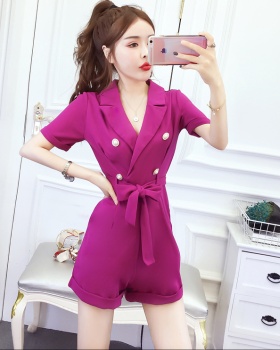 Bow double-breasted shorts pinched waist summer jumpsuit