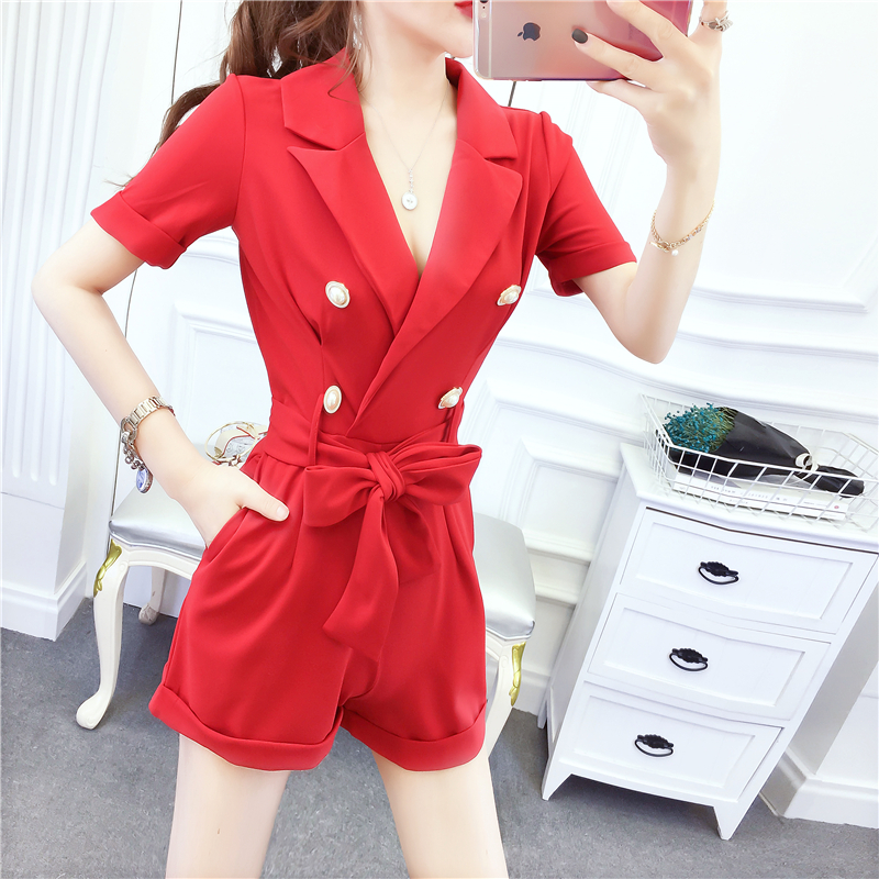Bow double-breasted shorts pinched waist summer jumpsuit