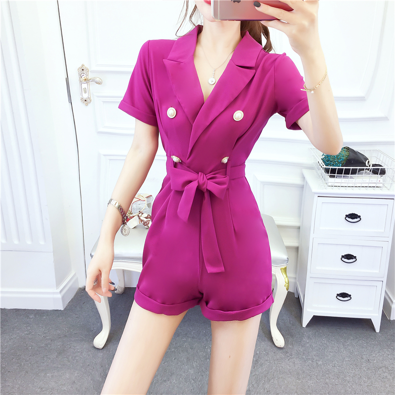 Bow double-breasted shorts pinched waist summer jumpsuit