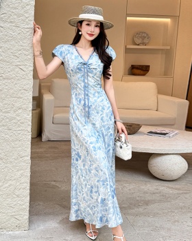 Elegant printing short sleeve temperament A-line dress