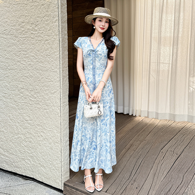 Elegant printing short sleeve temperament A-line dress