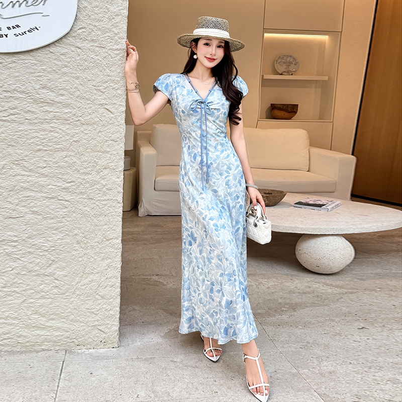 Elegant printing short sleeve temperament A-line dress