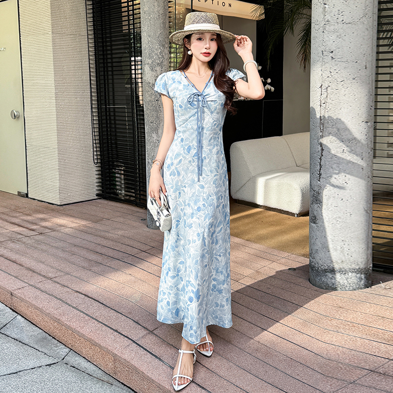 Elegant printing short sleeve temperament A-line dress