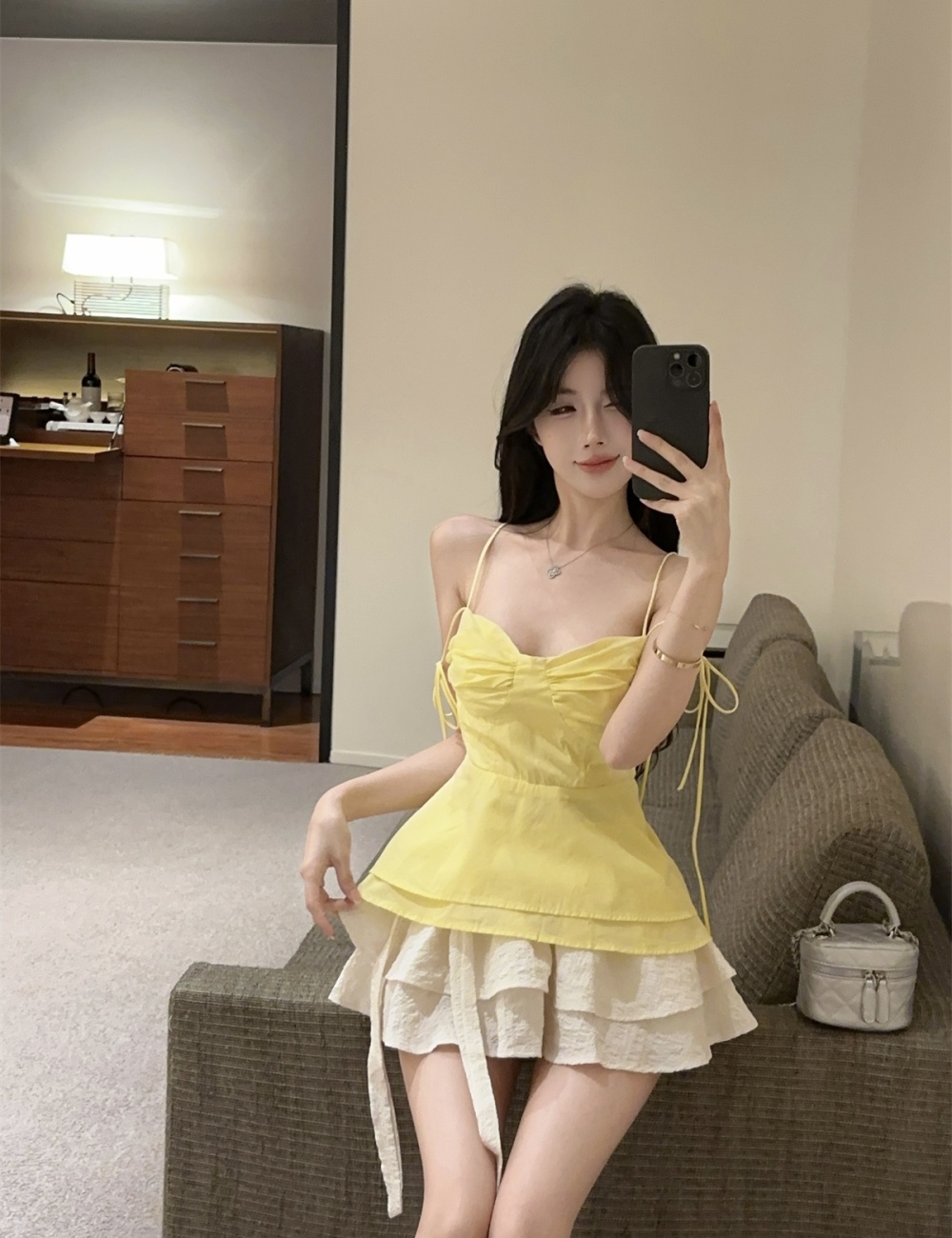 Fold sling tops bow cake skirt a set for women