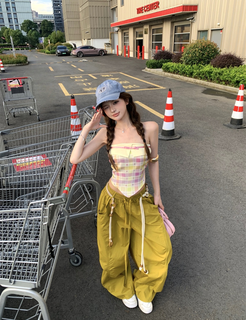 Mixed colors long pants wrapped chest tops a set for women