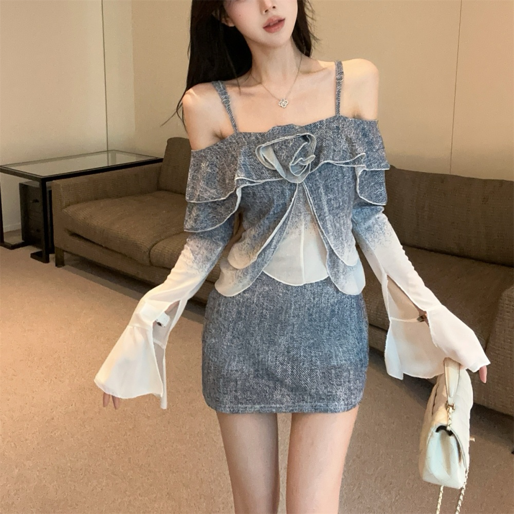 Temperament tops summer short skirt a set for women