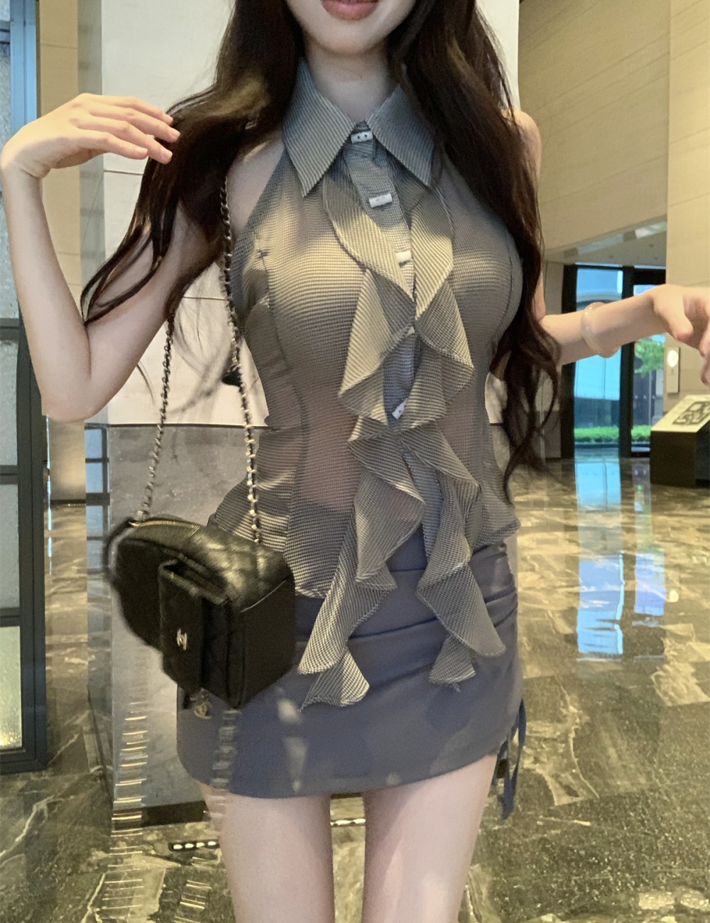 Fashion drawstring tops summer short skirt a set