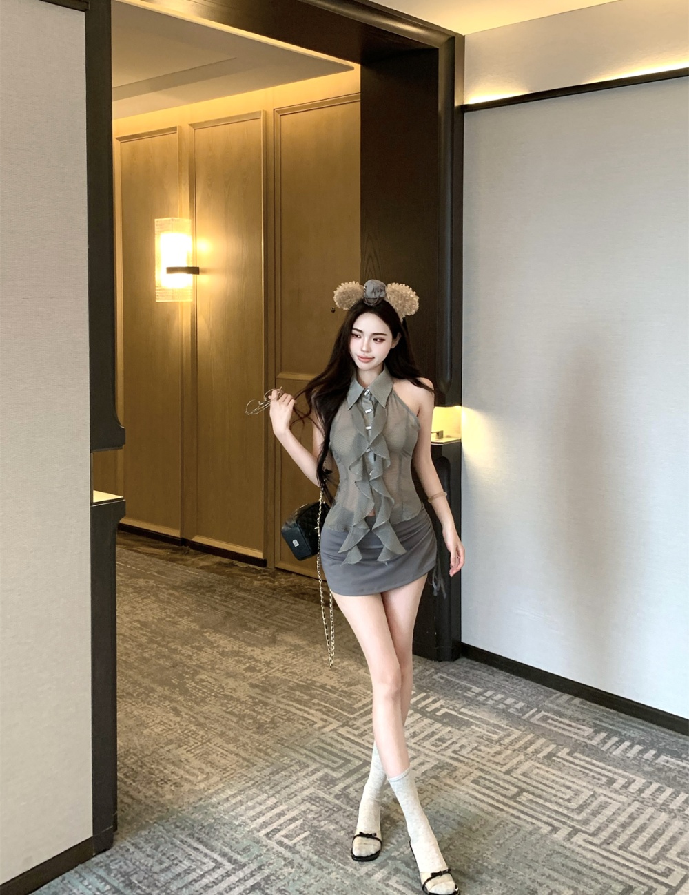 Fashion drawstring tops summer short skirt a set
