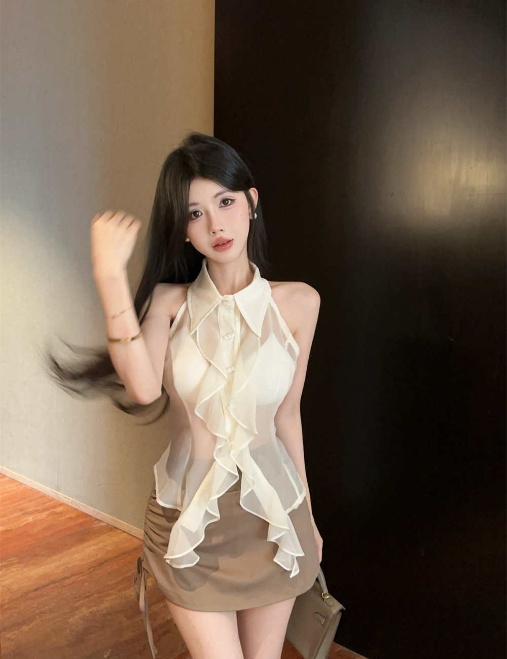 Fashion drawstring tops summer short skirt a set