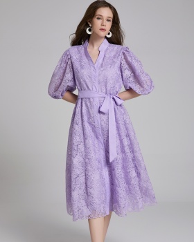 V-neck waistband pure temperament France style dress