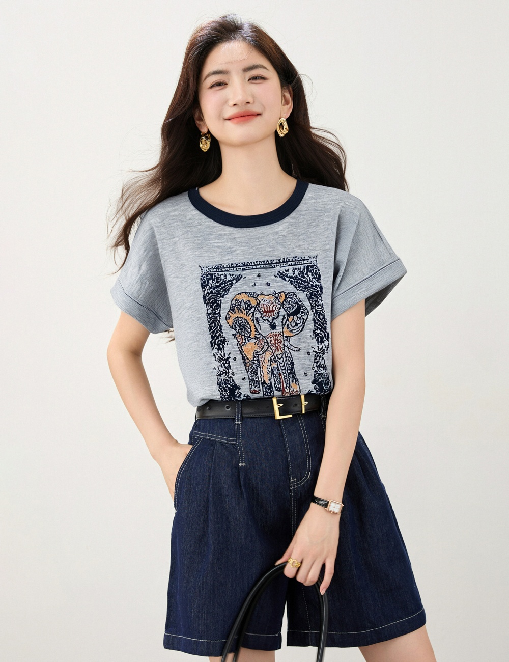 Summer slim tops round neck loose T-shirt for women