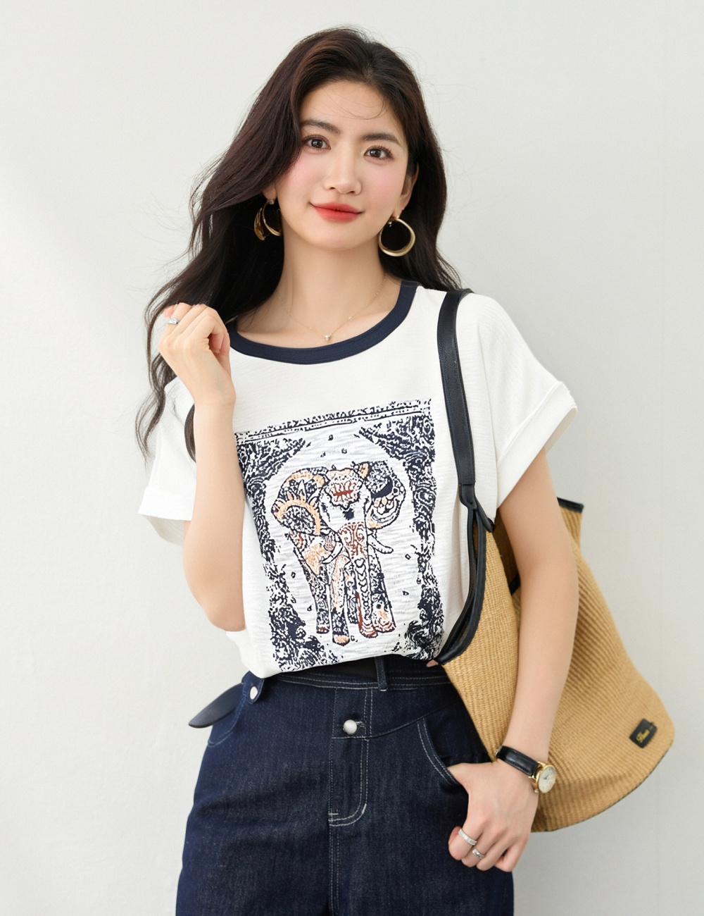 Summer slim tops round neck loose T-shirt for women