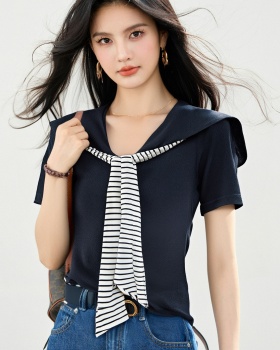 Mixed colors slim stripe knitted navy collar summer tops